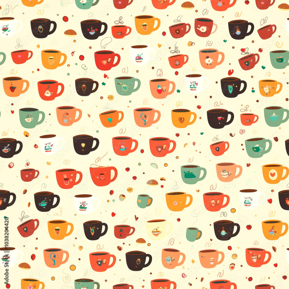 Seamless pattern of colorful coffee cups with steam and various designs on a light yellow background. Seamless pattern of colorful coffee cups with steam and various designs on a light yellow background.