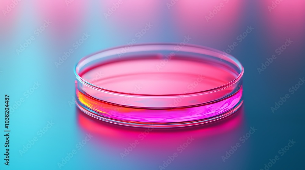 Closeup of a petri dish with bioengineered cells glowing under UV light, studio lighting, macro shot Closeup of a petri dish with bioengineered cells glowing under UV light, studio lighting, macro shot