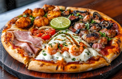 Delicious gourmet pizza featuring shrimp sausage and fresh vegetables with a zesty lime twist