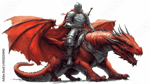 Illustration for a knight in shining armor riding a dragon