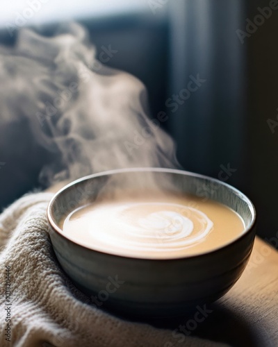 Rich pumpkin soup with cream swirls in a minimalist ceramic bowl, Fall food