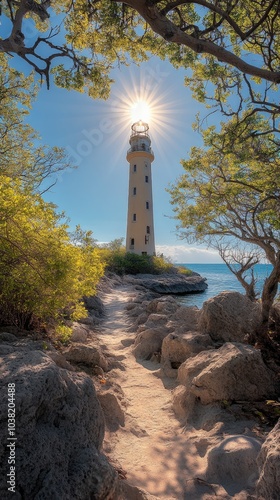 Sun shining above a white lighthouse on a tropical island