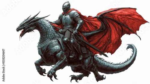 Illustration for a knight in shining armor riding a dragon