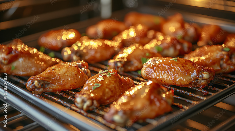 Baked chicken wings being cooked on a grill in the oven. Baked chicken wings being cooked on a grill in the oven.
