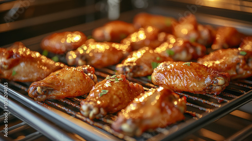 Baked chicken wings being cooked on a grill in the oven.