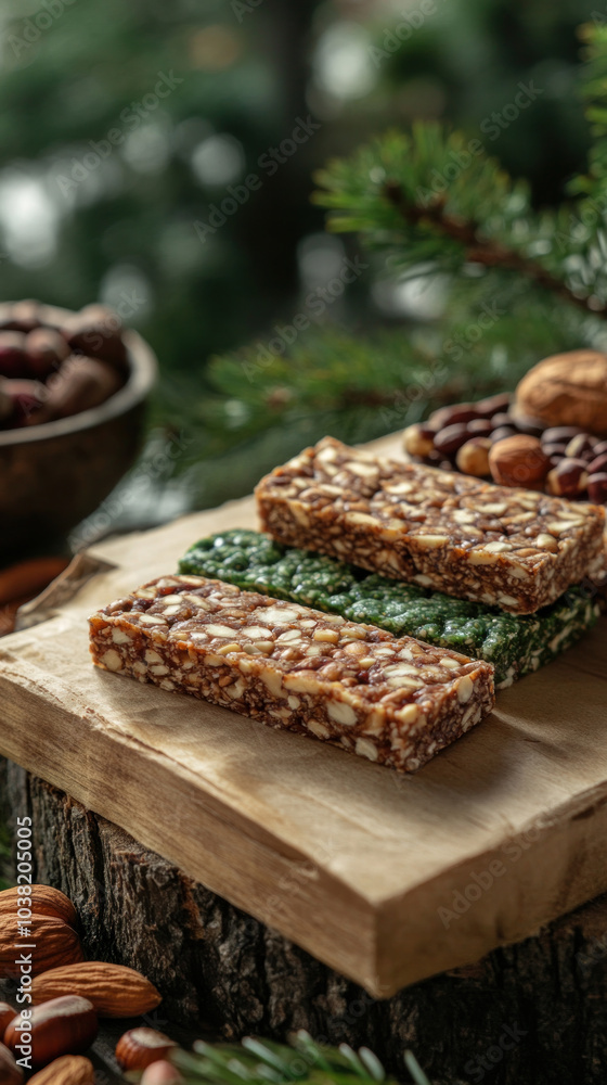 A wooden table with a variety of snacks including nuts and granola bars. The snacks are arranged in a way that they look like they are ready to be eaten A wooden table with a variety of snacks including nuts and granola bars. The snacks are arranged in a way that they look like they are ready to be eaten