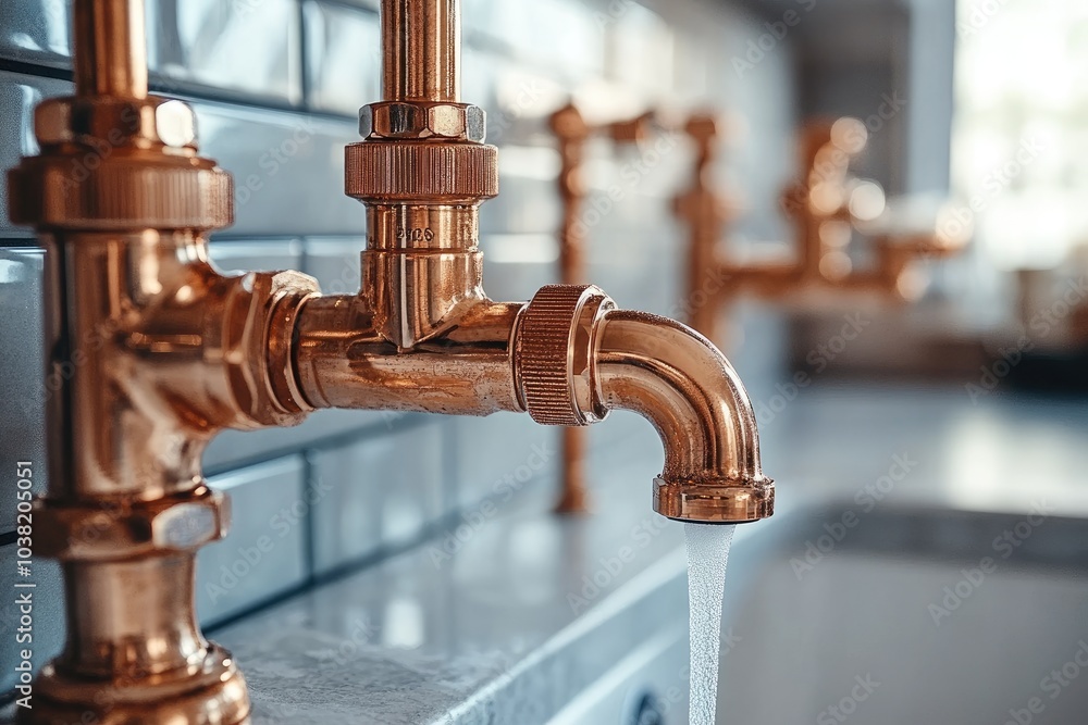 Water running from copper faucet in modern kitchen sink Water running from copper faucet in modern kitchen sink