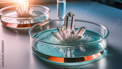 Crystallization Process A Close-Up of Sodium Chloride Crystals Forming in a Petri Dish in a Laboratory, Showcasing Delicate Structures that Reflect Light in a Dazzling Array of Colors photo