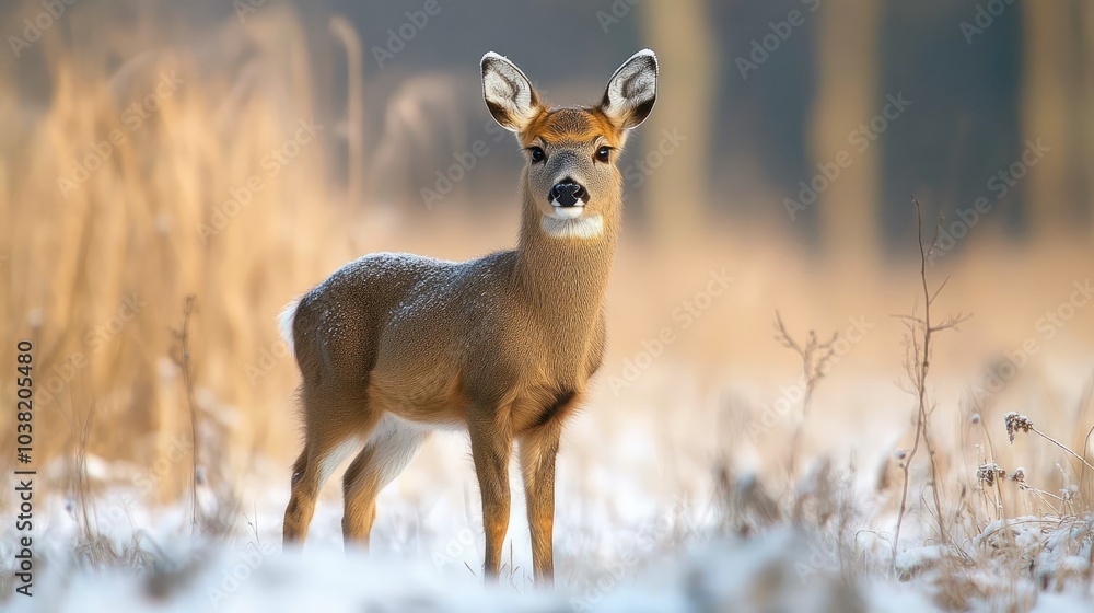 Young white-tailed deer standing in snowy field at forest edge Young white-tailed deer standing in snowy field at forest edge