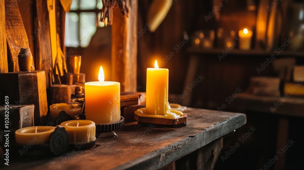 A cozy candle-making station in a rustic cabin, Wax and molds meticulously organized, Warm and inviting style A cozy candle-making station in a rustic cabin, Wax and molds meticulously organized, Warm and inviting style