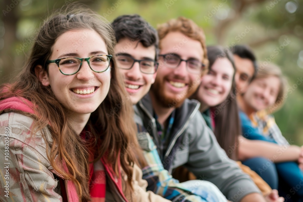 Group of students sitting in a row smiling at the camera on campus Group of students sitting in a row smiling at the camera on campus