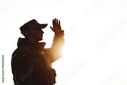 American soldier saluting with backlit us flag on uniform photo