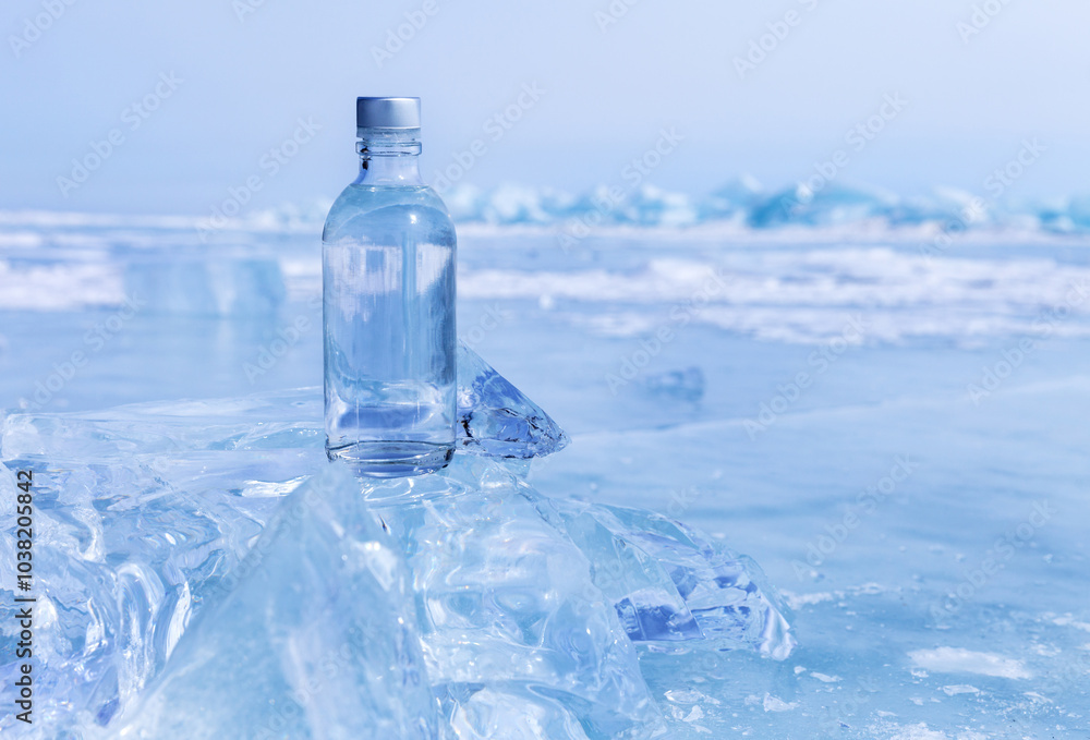 Glass bottle with cold natural drinking water stands on ice of frozen Baikal Lake on cold winter day. Advertising and branding of fresh ecological water. Nature ice background. Copy space, mock up Glass bottle with cold natural drinking water stands on ice of frozen Baikal Lake on cold winter day. Advertising and branding of fresh ecological water. Nature ice background. Copy space, mock up