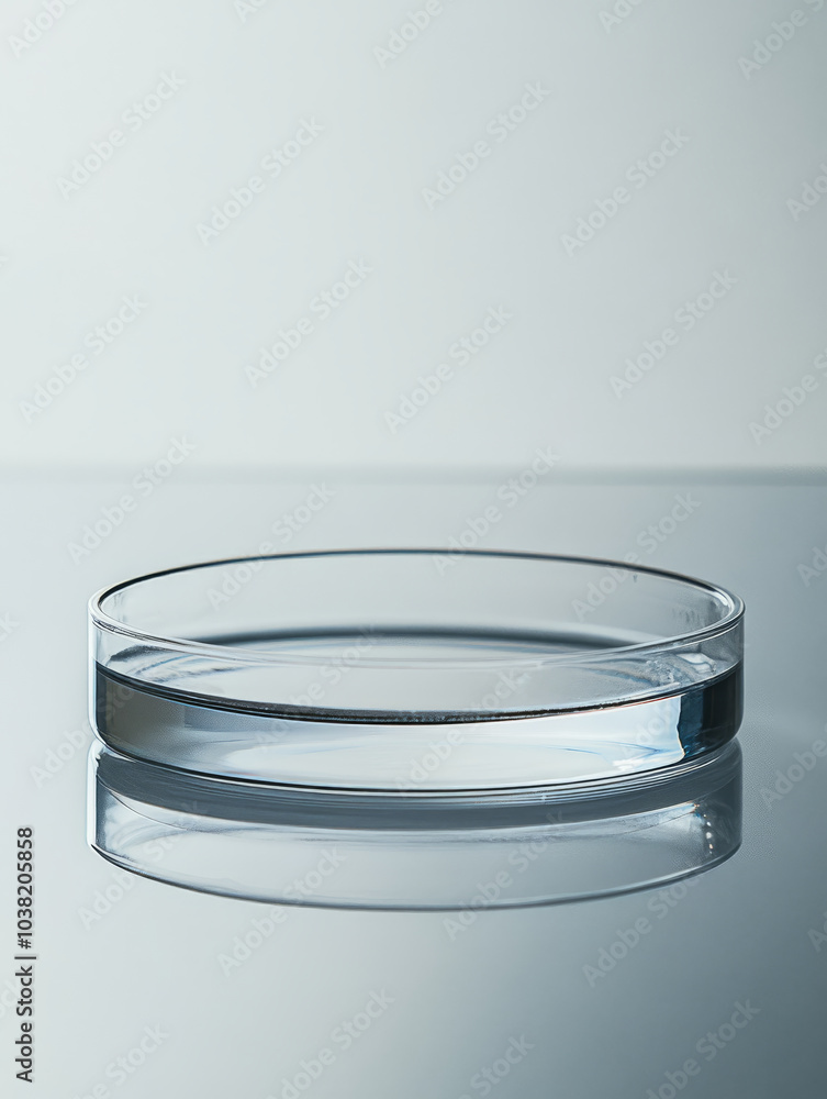 Empty petri dish on reflective surface in laboratory. Empty petri dish on reflective surface in laboratory.
