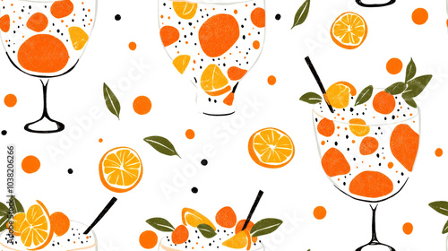 Seamless pattern with hand drawn citrus fruit cocktail in glass.