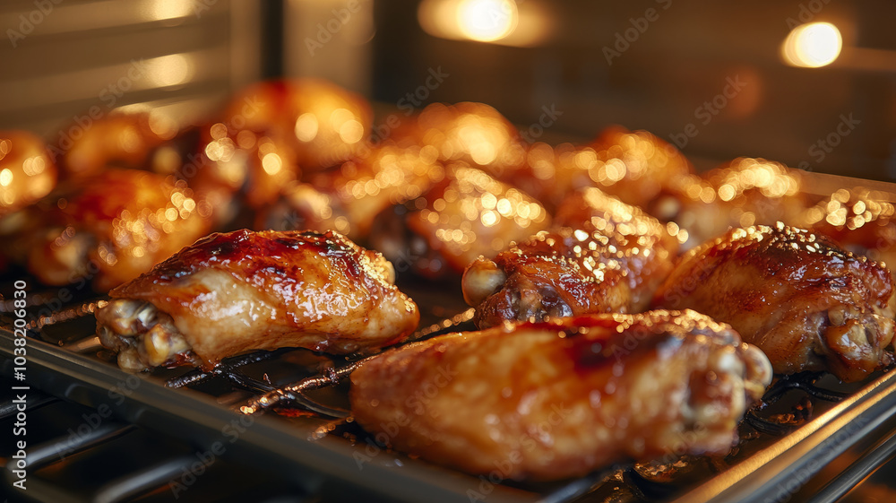 Glazed chicken wings baking in the oven on a rack. Glazed chicken wings baking in the oven on a rack.