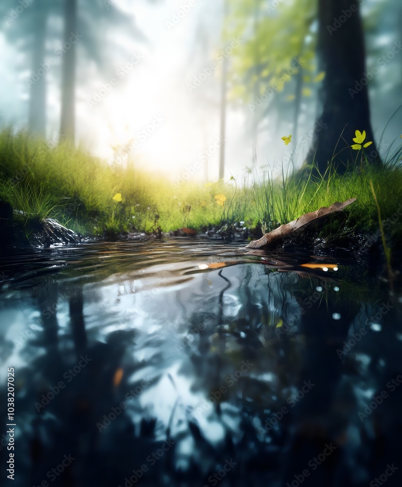 Tranquil Nature Scene Reflected Water Lush Grass Misty Forest Sunlight Serenity Tranquil Nature Scene Reflected Water Lush Grass Misty Forest Sunlight Serenity