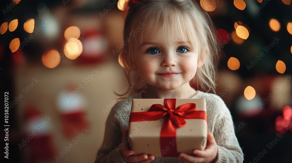 Small cute child holding present gift box with red ribbon,giving receiving presents on holiday event Small cute child holding present gift box with red ribbon,giving receiving presents on holiday event