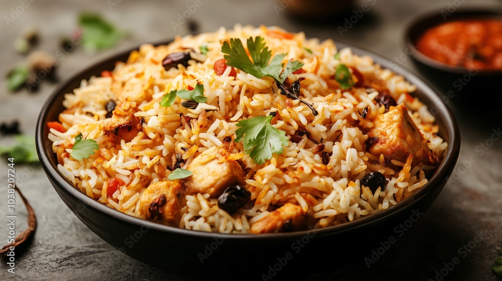 Steaming chicken biryani being served in a bowl garnished with cilantro Steaming chicken biryani being served in a bowl garnished with cilantro