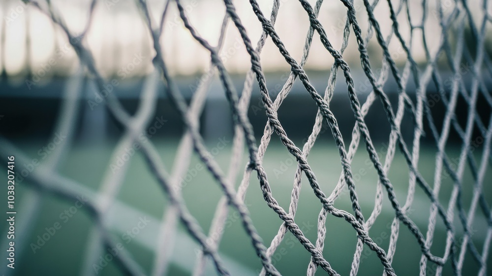 Fototapeta premium A soccer goal net with twisted nylon strands, outdoor setting with dusk lighting, Dramatic style