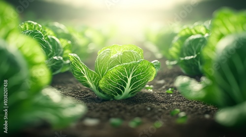 Fresh green cabbage growing in a vibrant garden under soft sunlight. photo