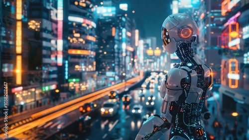 A futuristic cityscape where humans and AI robots interact harmoniously in everyday life. Advanced holographic interfaces and seamless technological integration create a vibrant, interconnected