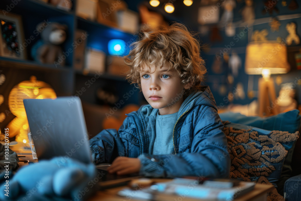 Motivated child boy sits focused on a laptop in a cozy room filled with toys and decor, fully absorbed in an e-learning session Motivated child boy sits focused on a laptop in a cozy room filled with toys and decor, fully absorbed in an e-learning session