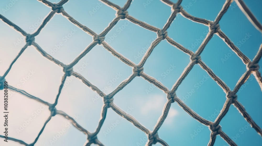 A soccer goal net's tangled texture, outdoor setting with clear sky, Dynamic style A soccer goal net's tangled texture, outdoor setting with clear sky, Dynamic style