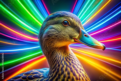 Abstract Duck with Rainbow Highlighter Lines, Neon Art Portrait, Vibrant Colors, Graphic Design, Modern Art, Digital Art, Colorful Duck Portrait, Bright Neon Artwork photo