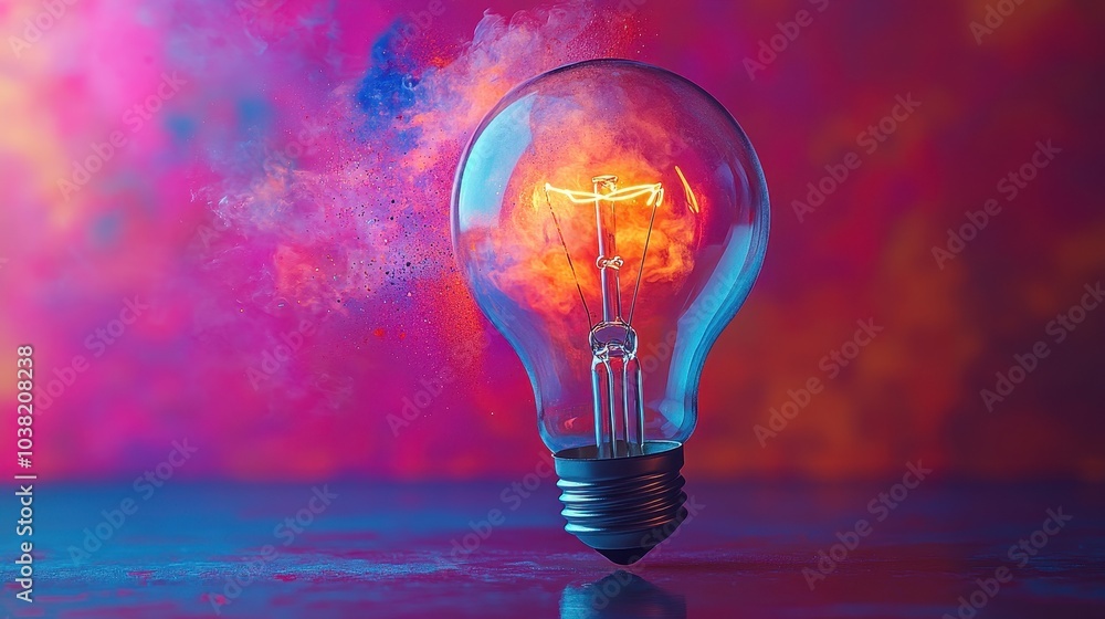 Creative light bulb explodes with colorful paint and colors. New idea, brainstorming concept Creative light bulb explodes with colorful paint and colors. New idea, brainstorming concept