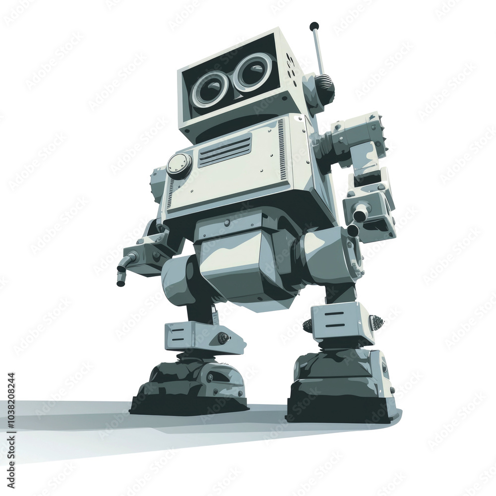 A cartoon robot with a square head, two round eyes, a small antenna, and a rectangular body stands on a white background. A cartoon robot with a square head, two round eyes, a small antenna, and a rectangular body stands on a white background.
