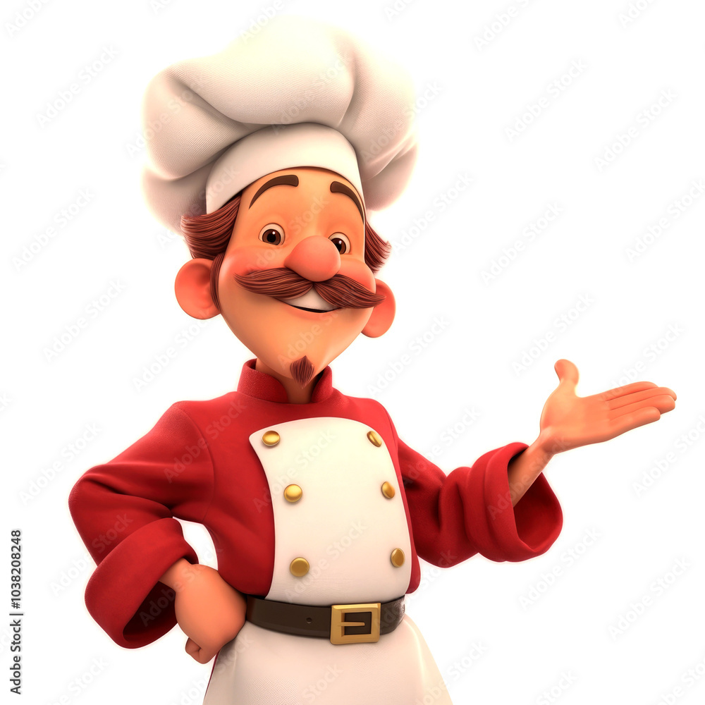 A cartoon chef with a white hat and red jacket is smiling and gesturing with his hand, isolated on white background. A cartoon chef with a white hat and red jacket is smiling and gesturing with his hand, isolated on white background.