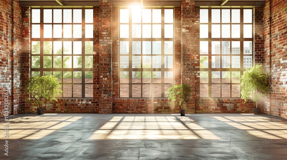 A large, empty room with exposed brick walls and large windows. A large, empty room with exposed brick walls and large windows.