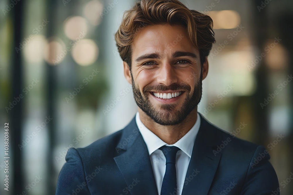 Confident Businessman with Beard in Blue Suit and White Shirt Smiling Confident Businessman with Beard in Blue Suit and White Shirt Smiling