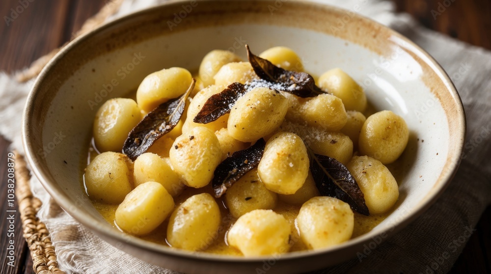 pasta dish with gnocchi and sage butter sauce. pasta dish with gnocchi and sage butter sauce.