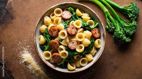 pasta dish featuring orecchiette with broccoli rabe and sausage.