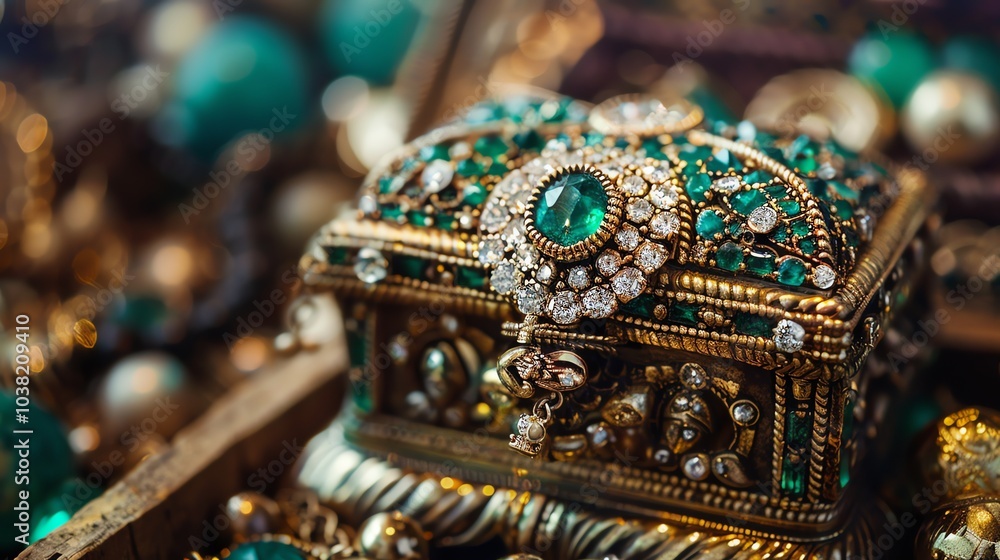 Fototapeta premium An ornate gold box with green and white gems.