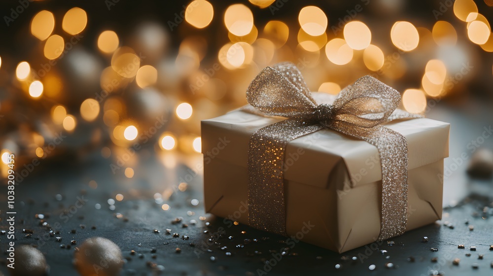 A White Gift Box with a Sparkling Bow, Illuminated by Warm Lights A White Gift Box with a Sparkling Bow, Illuminated by Warm Lights