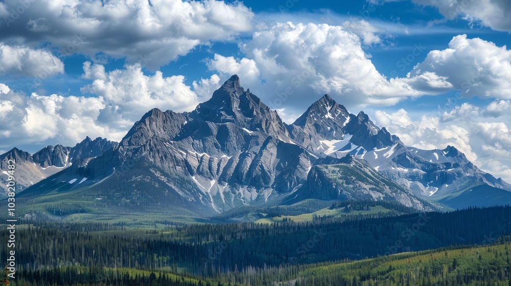 A majestic mountain range with snow-capped peaks against a clear blue sky with fluffy clouds. A majestic mountain range with snow-capped peaks against a clear blue sky with fluffy clouds.