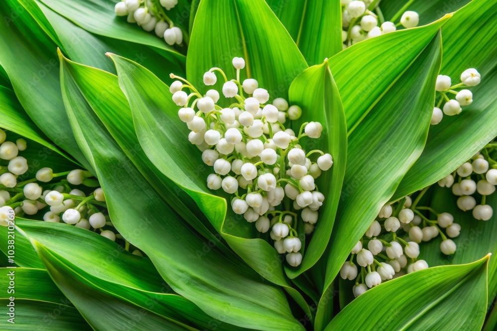 Fototapeta premium Aerial Photography of Lily of the Valley Buds and Leaves, Fresh Botanical Textile Print, Spring Floral Design, Summer Fabric with Convallaria Majalis Patterns
