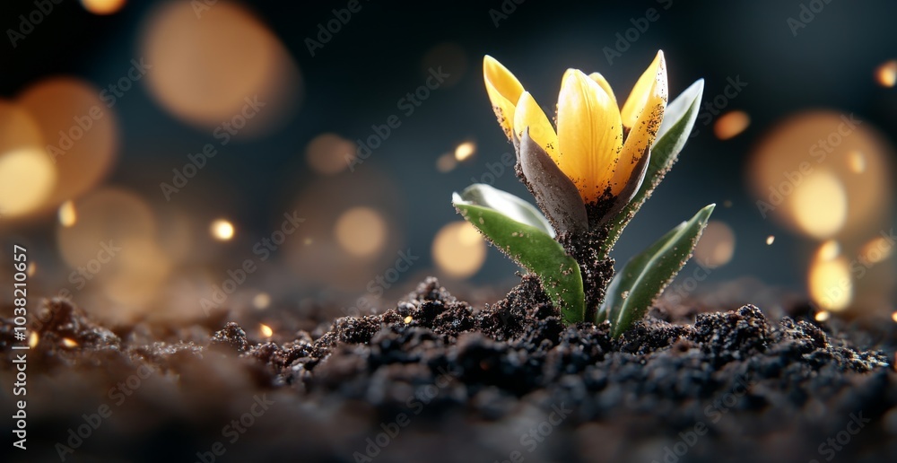Obraz premium The resilience of nature a vibrant yellow flower emerging from dark soil symbolizing hope and renewal in a beautiful setting