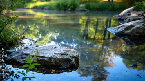 A large rock in a calm creek with trees reflected in the water.