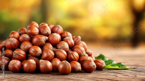 Fresh hazelnuts arranged on a rustic wooden table, vibrant autumn background.