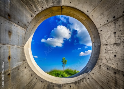 Aerial View of Concrete Wall with Circular Hole Revealing Blue Sky - Urban Landscape, Architectural Photography, Abstract Design, Concrete Texture, Nature Contrast