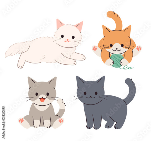 Character illustration of cute, small kittens that have just been born. A cat sitting, a cat playing with yarn.