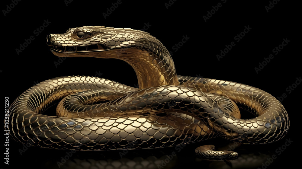 Obraz premium 3D gold snake for 2025 Chinese New Year. Full body, Chinese style, black background, with alpha path. Perfect for zodiac, Lunar New Year designs, and premium projects.