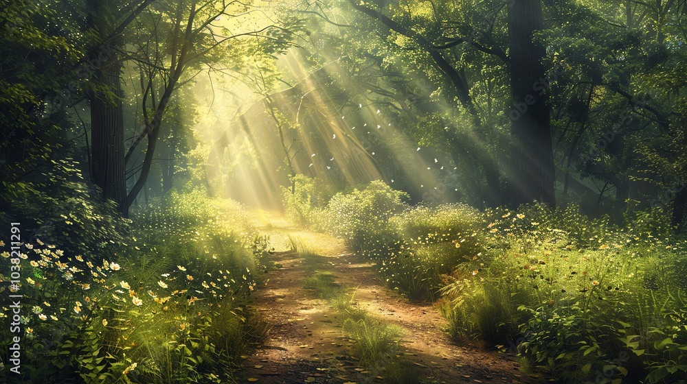 Fototapeta premium A sunlit path through a forest.