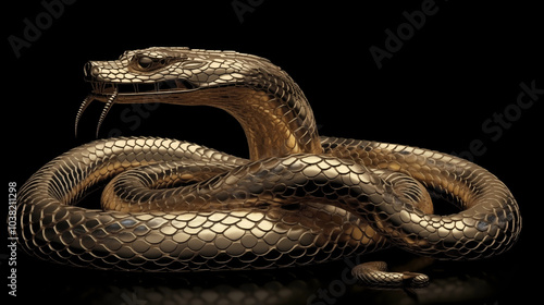 3D gold snake for 2025 Chinese New Year. Full body, Chinese style, black background, with alpha path. Perfect for zodiac, Lunar New Year designs, and premium projects.