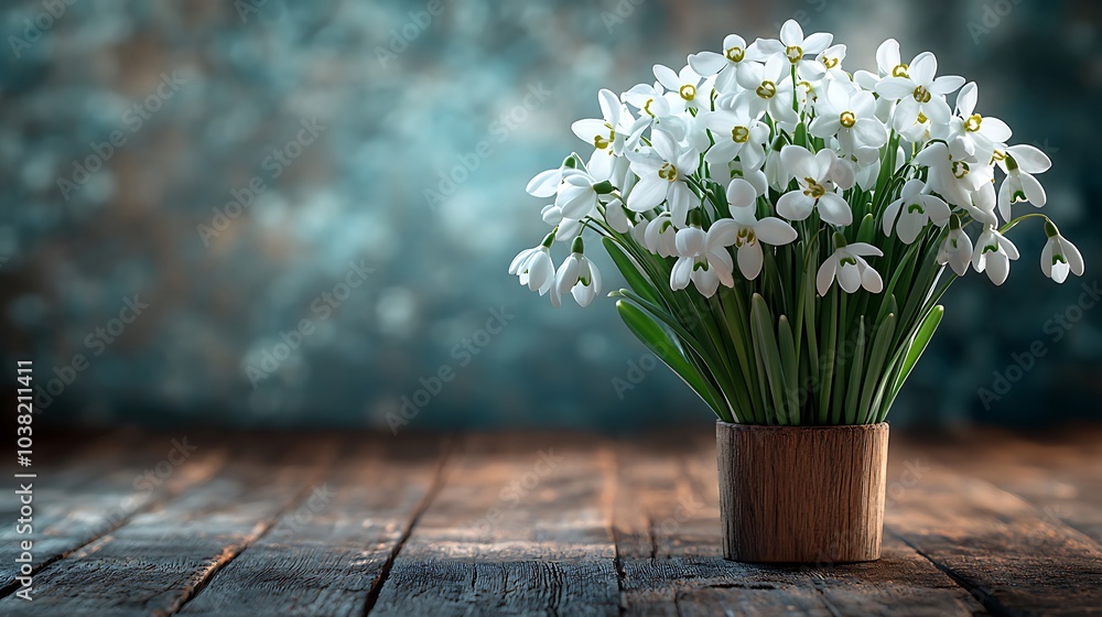 White snowdrop flowers in a wooden pot on a rustic wooden table. White snowdrop flowers in a wooden pot on a rustic wooden table.