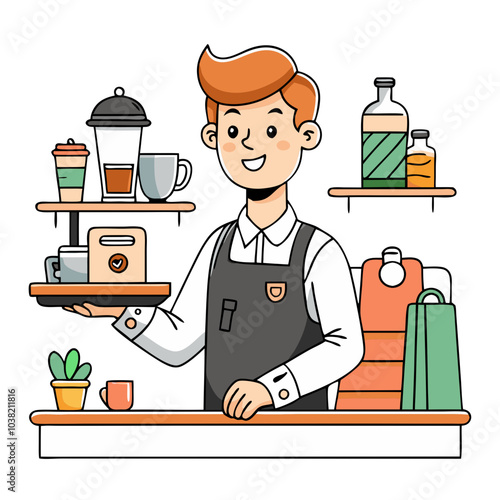 Hand-drawn barista serving customers in a coffee shop with a smile. Perfect for: International Coffee Day, Coffee Shops, Urban Cafes